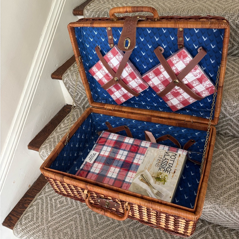 Wicker Picnic Basket with Blue and Red Interior